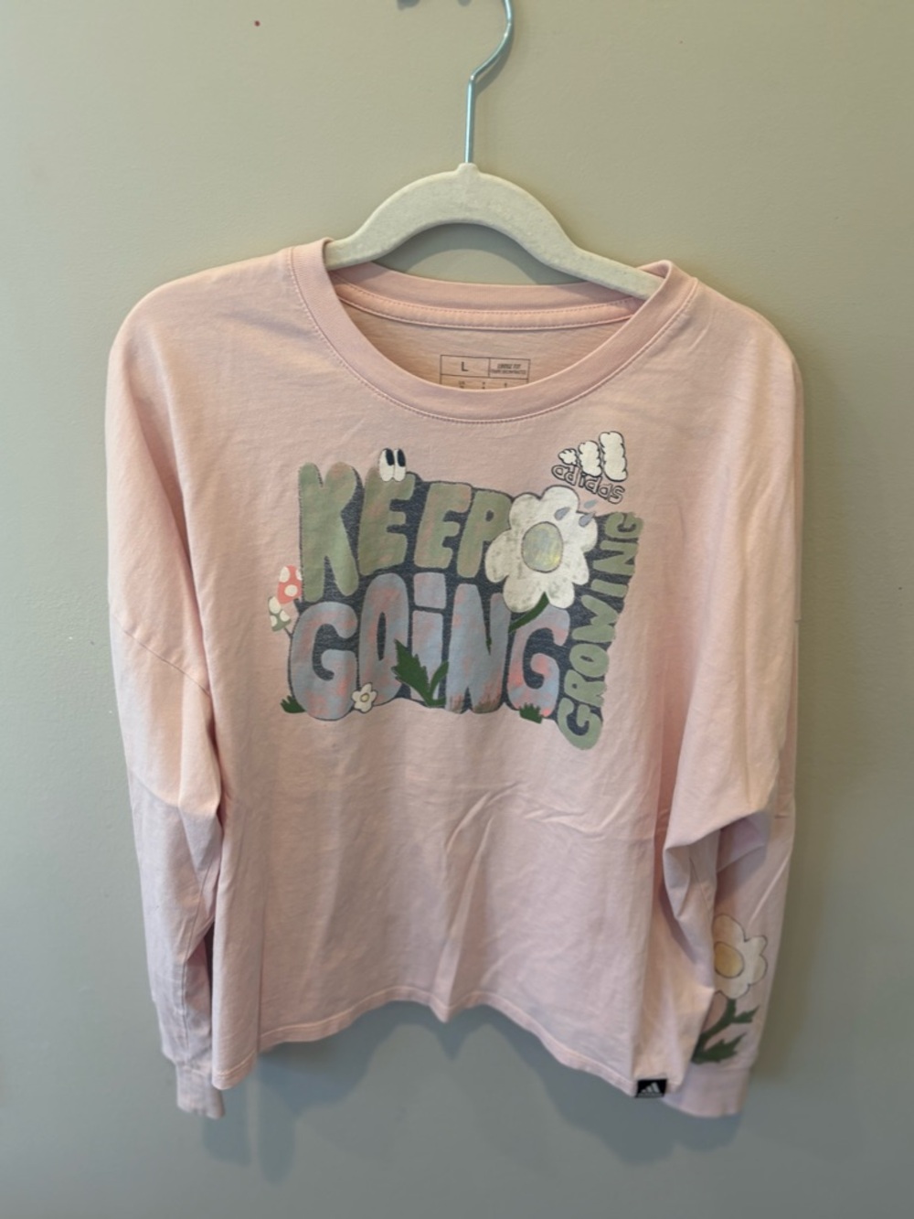 adidas Light Pink Long-Sleeve Tee with 'Keep Going' Floral Graphic